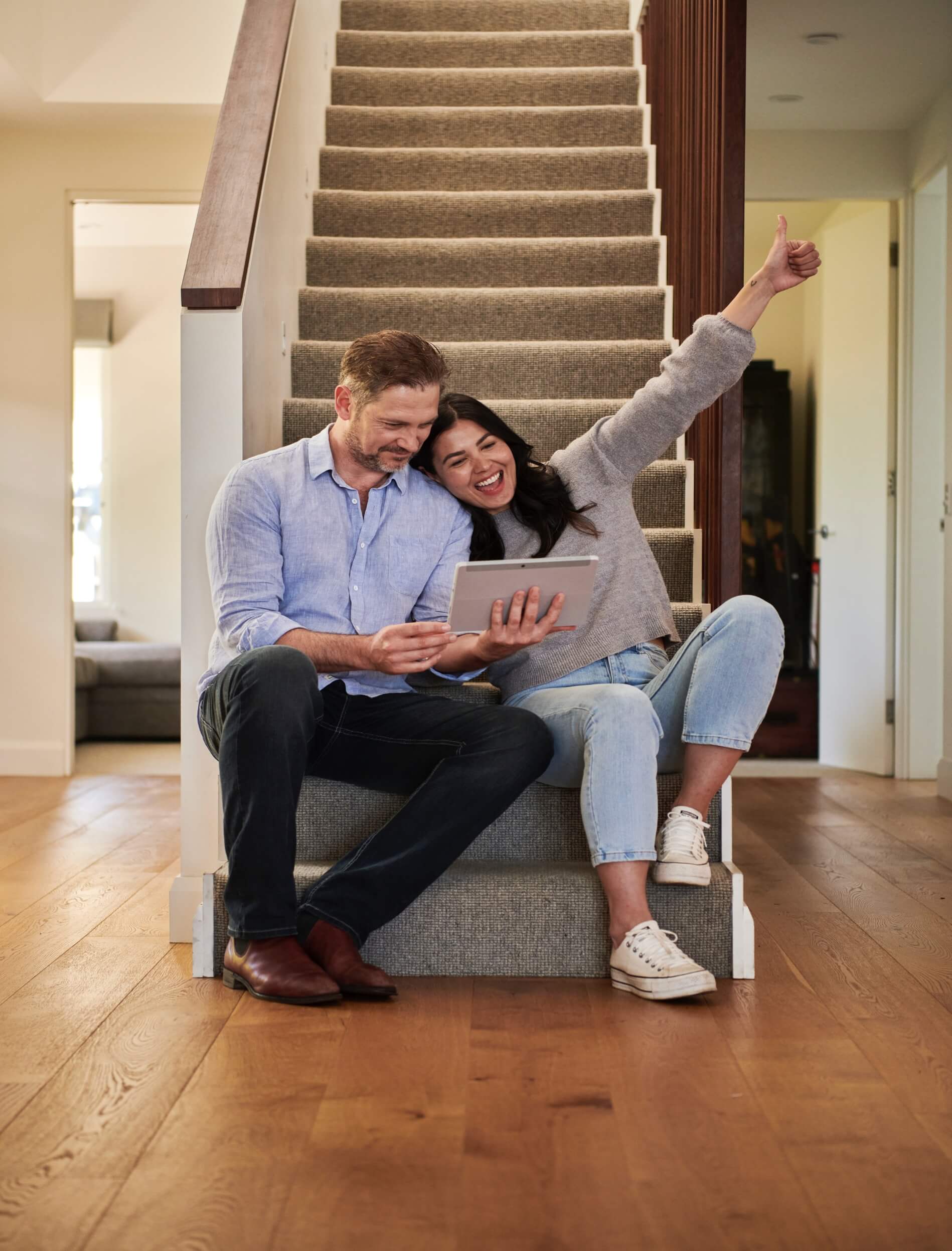 Happy people on stairs
